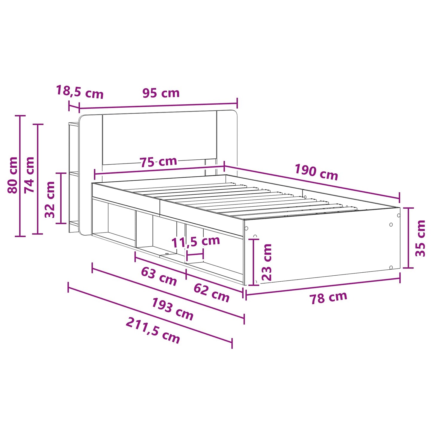 Sengestel med opbevaring Betongrå 75 x 190 cm Konstrueret træ
