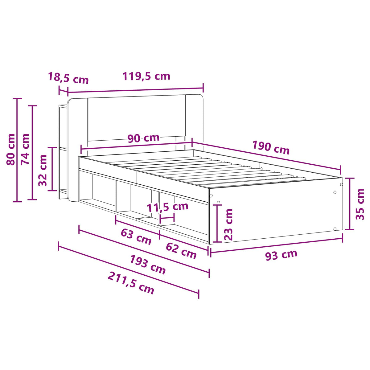 Sengestel med opbevaring Sonoma-eg 90 x 190 cm Konstrueret træ