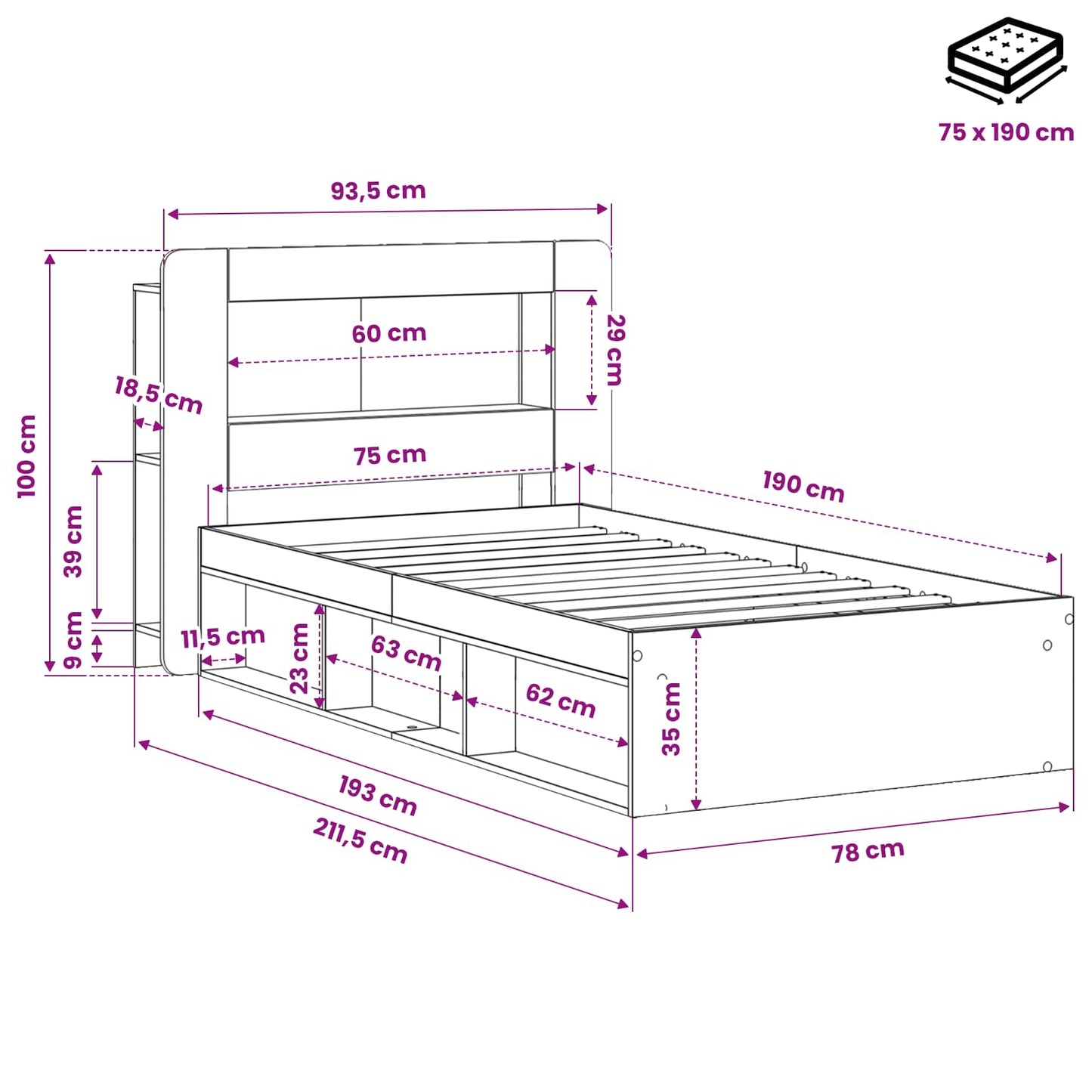 Sengestel med opbevaring Sort 75 x 190 cm Konstrueret træ