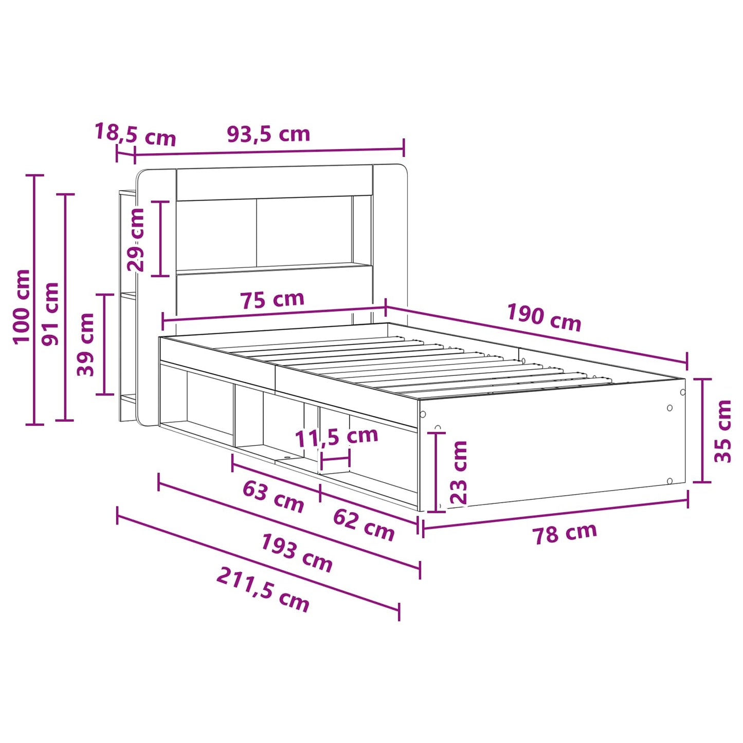 Sengestel med opbevaring Betongrå 75 x 190 cm Konstrueret træ