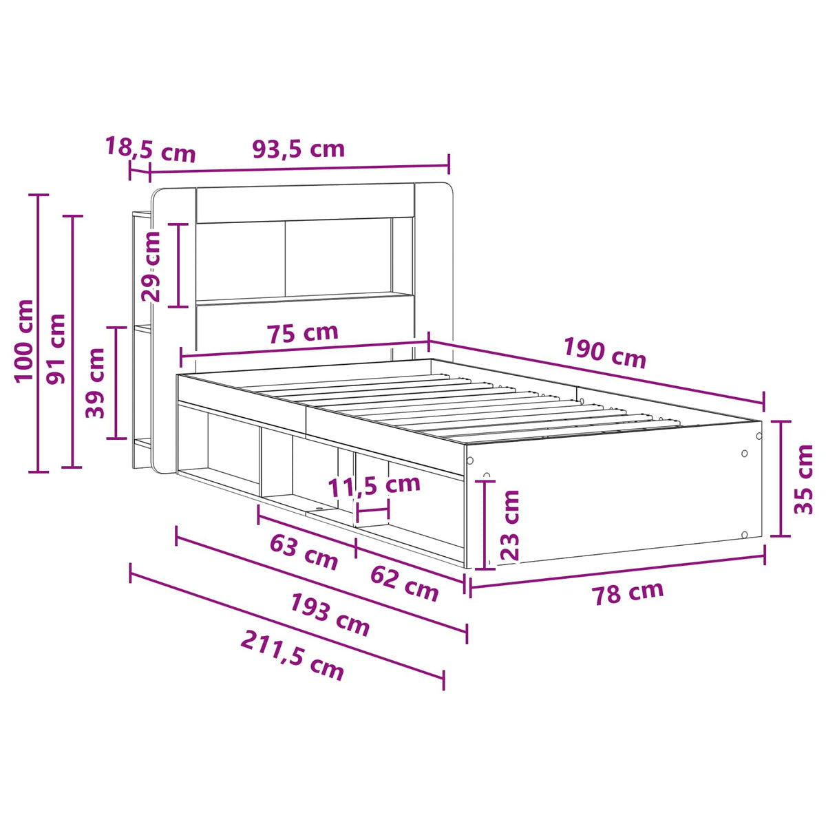 Sengestel med opbevaring Sonoma-eg 75 x 190 cm Konstrueret træ