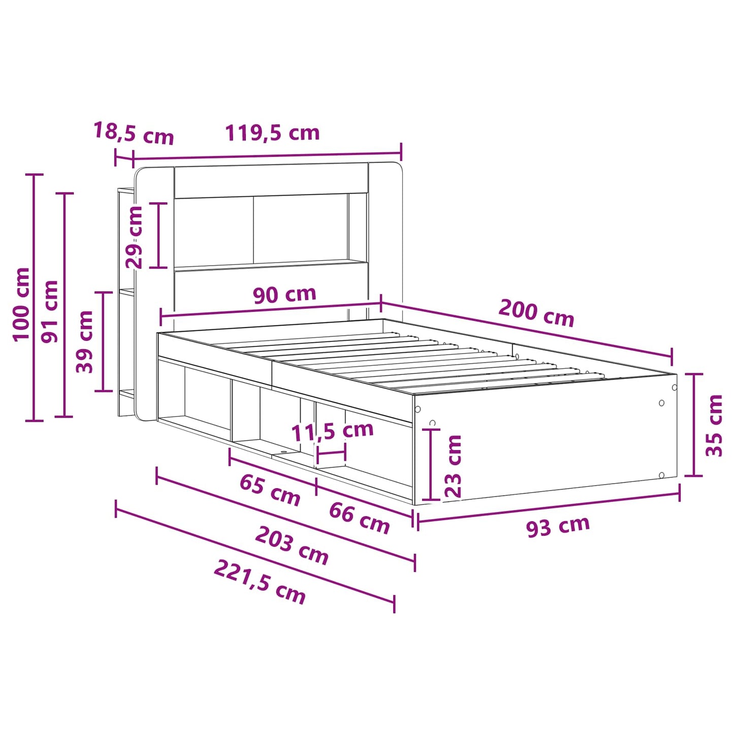 Sengestel med opbevaring Betongrå 90 x 200 cm Konstrueret træ