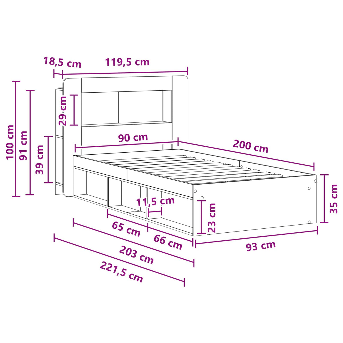 Sengestel med opbevaring med hovedgærde Gammelt træ 90 x 200 cm