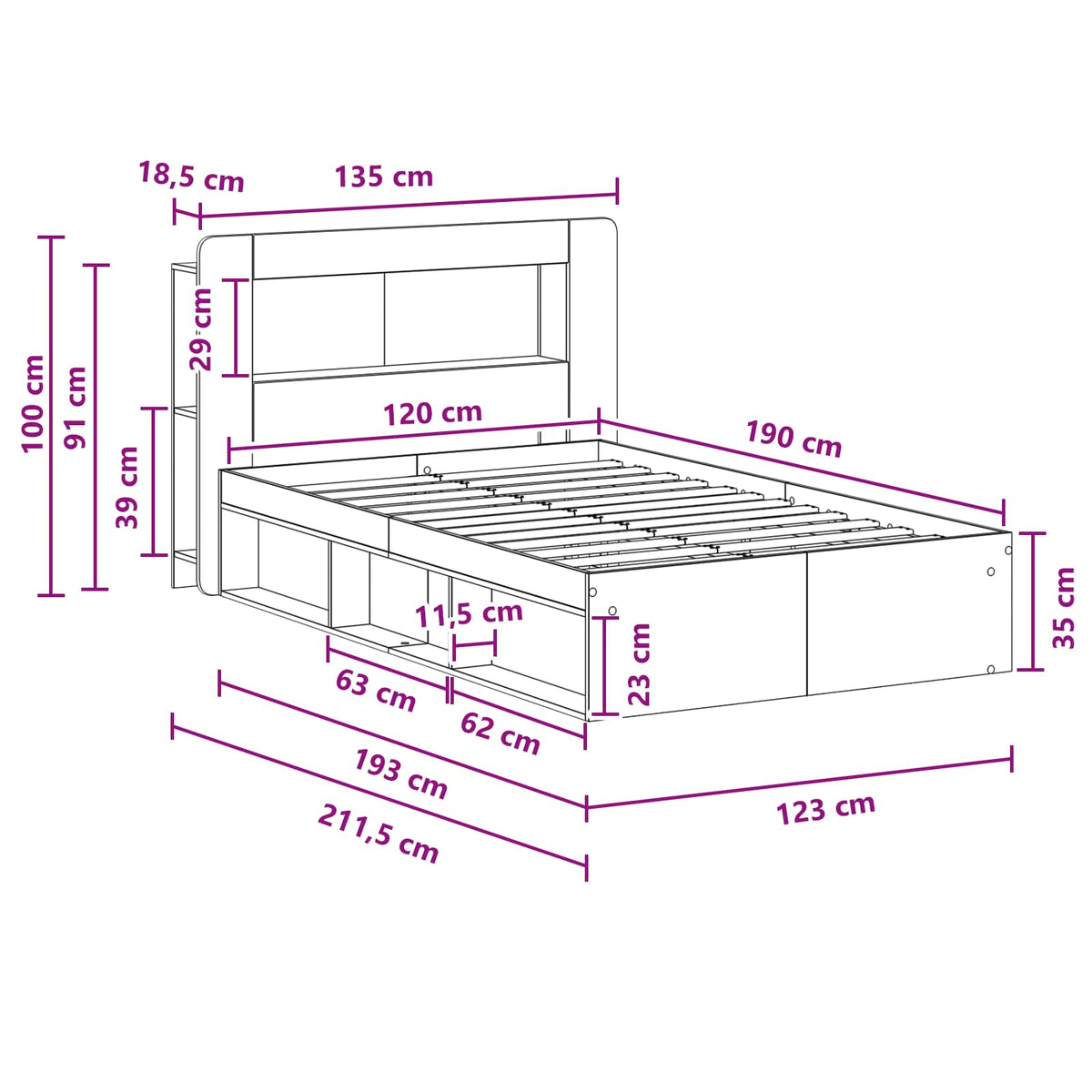 Sengestel med opbevaring med hovedgærde Artisan-eg 120 x 190 cm