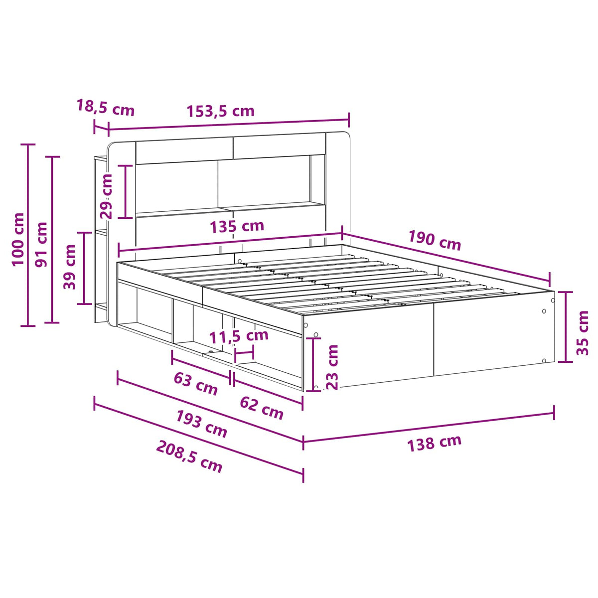 Sengestel med opbevaring Gammelt træ 135 x 190 cm