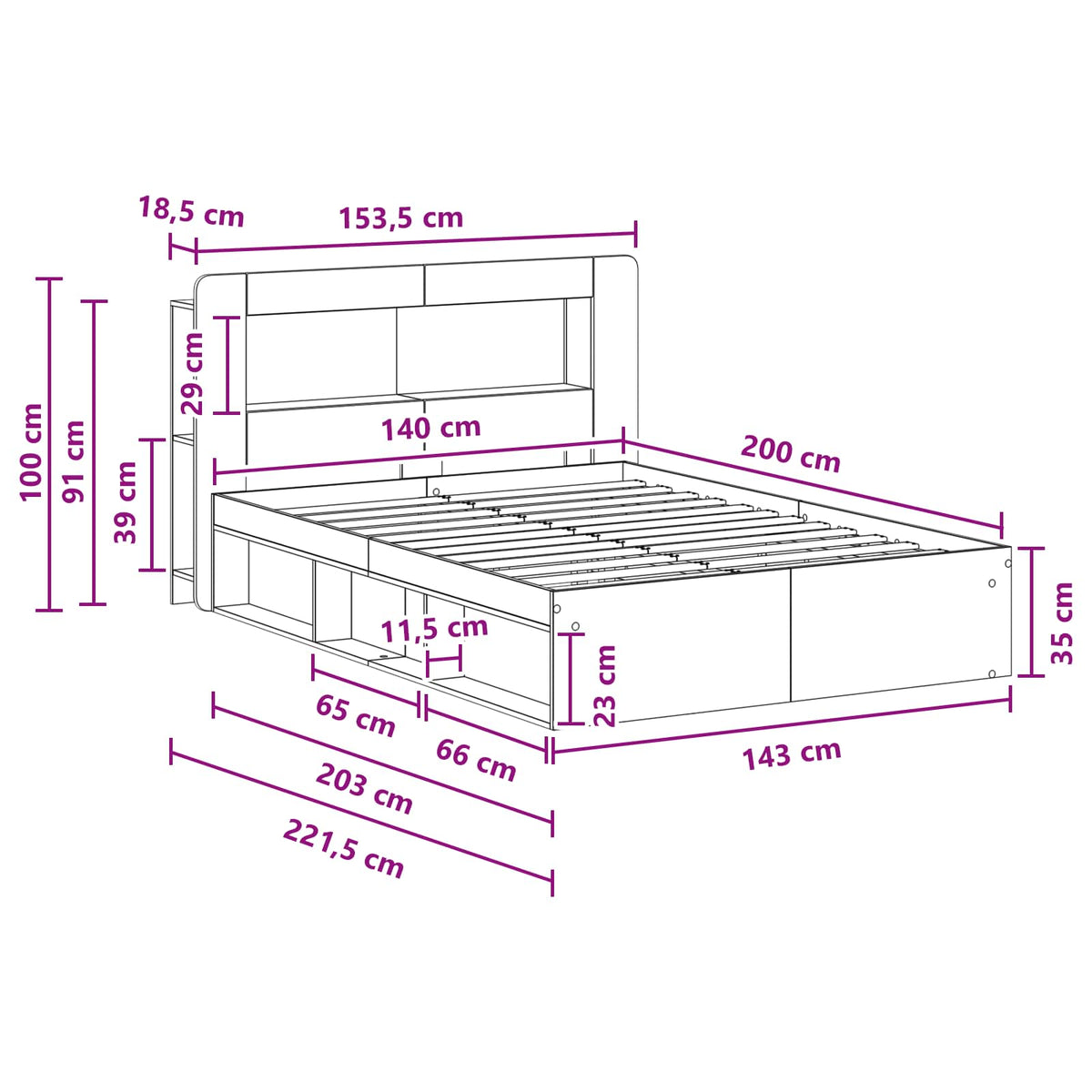 Sengestel med opbevaring Betongrå 140 x 200 cm Konstrueret træ