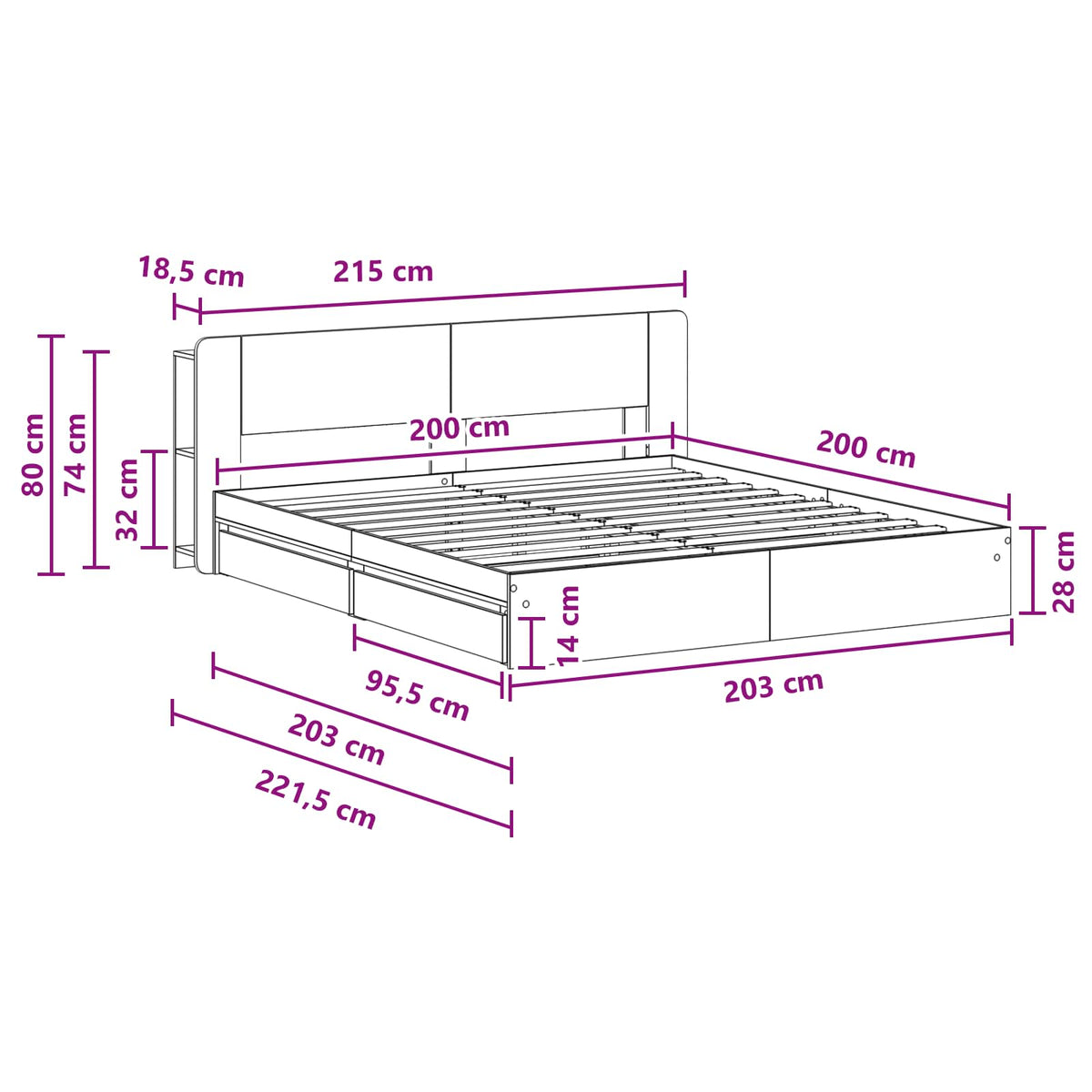 Sengestel med opbevaring med skuffe Grå Sonoma 200 x 200 cm