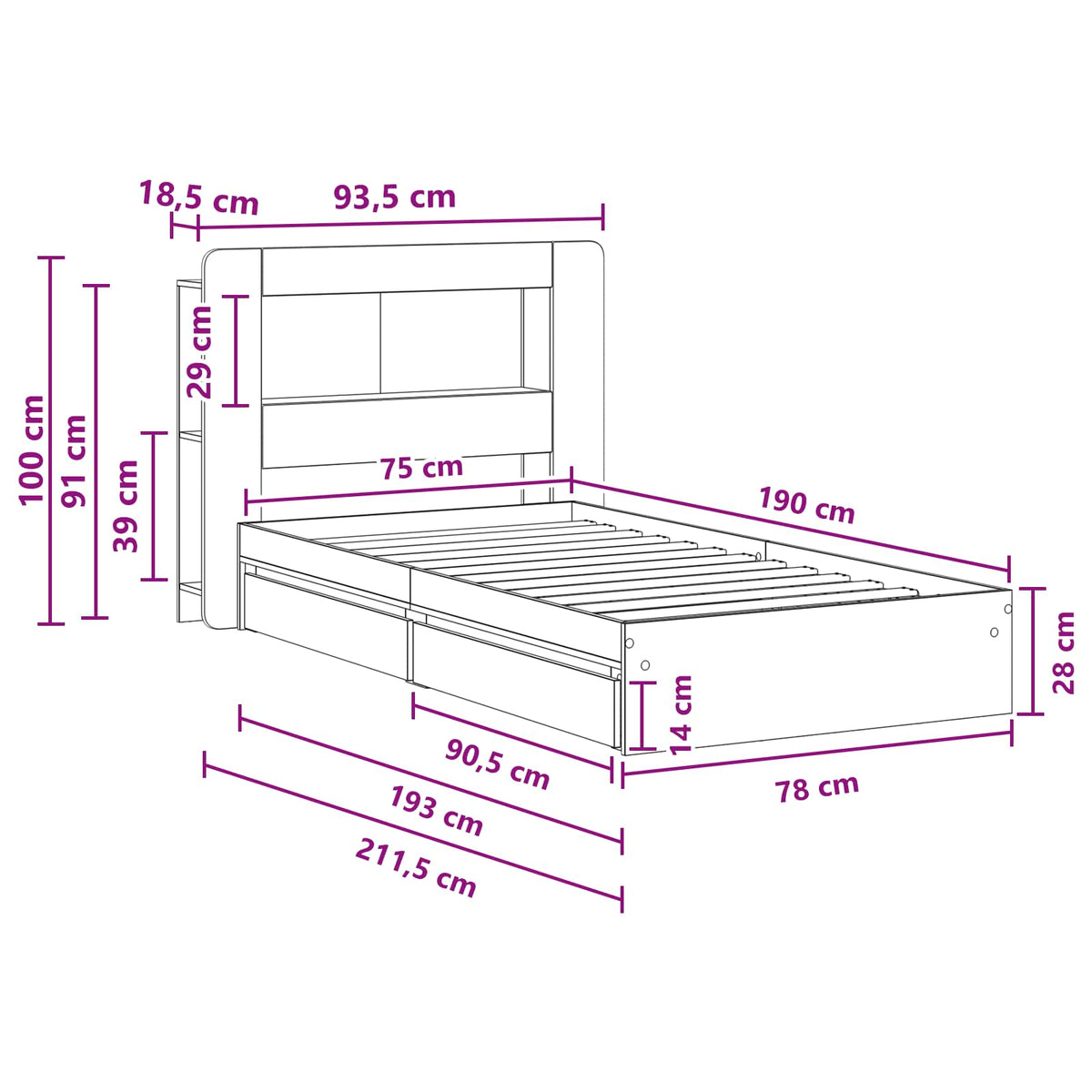 Sengestel med opbevaring Sort 75 x 190 cm Konstrueret træ