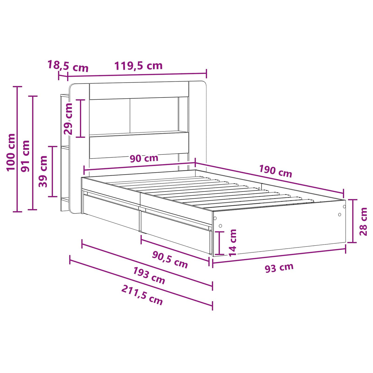 Sengestel med opbevaring Røget eg 90 x 190 cm Konstrueret træ