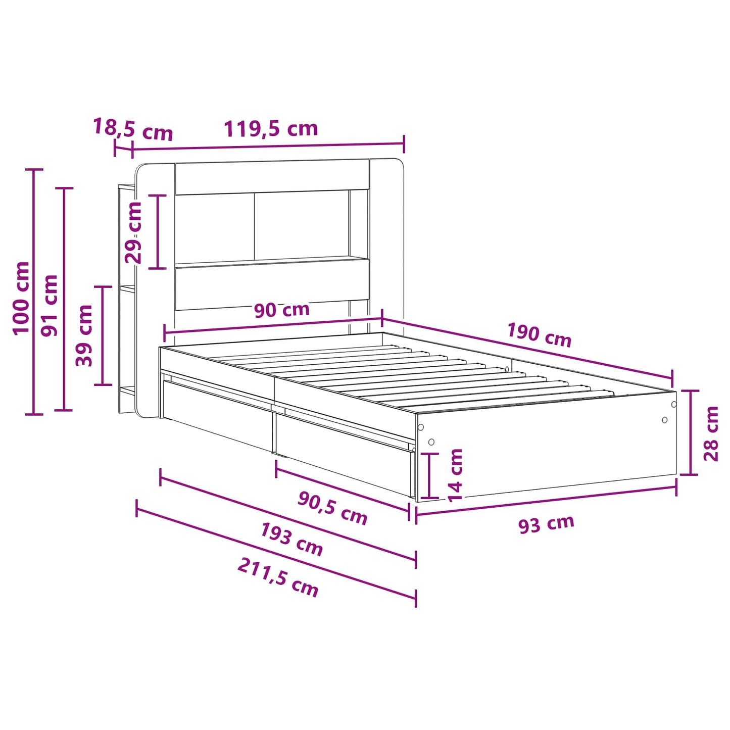 Sengestel med opbevaring Sonoma-eg 90 x 190 cm Konstrueret træ