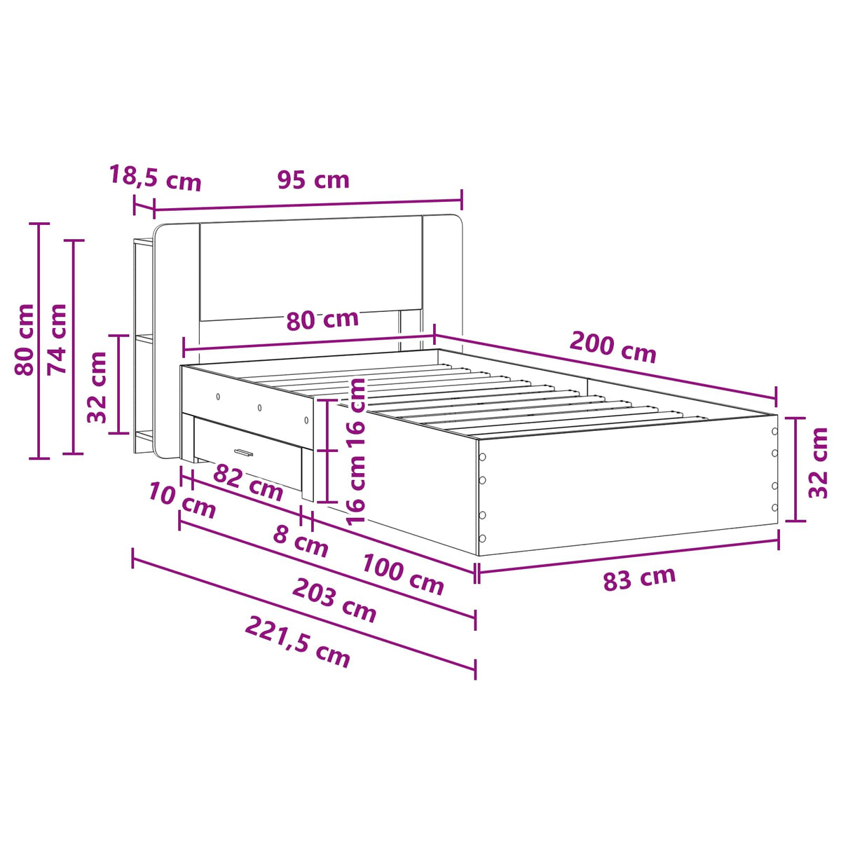 Sengestel med opbevaring Røget eg 80 x 200 cm Konstrueret træ