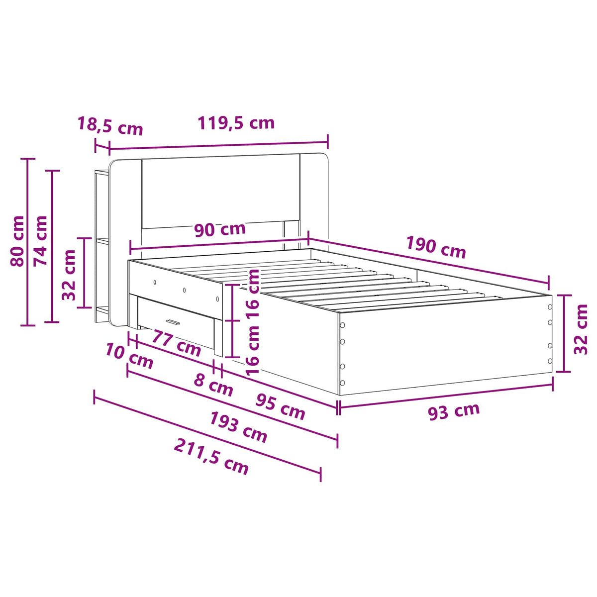 Sengestel med opbevaring Sonoma-eg 90 x 190 cm Konstrueret træ