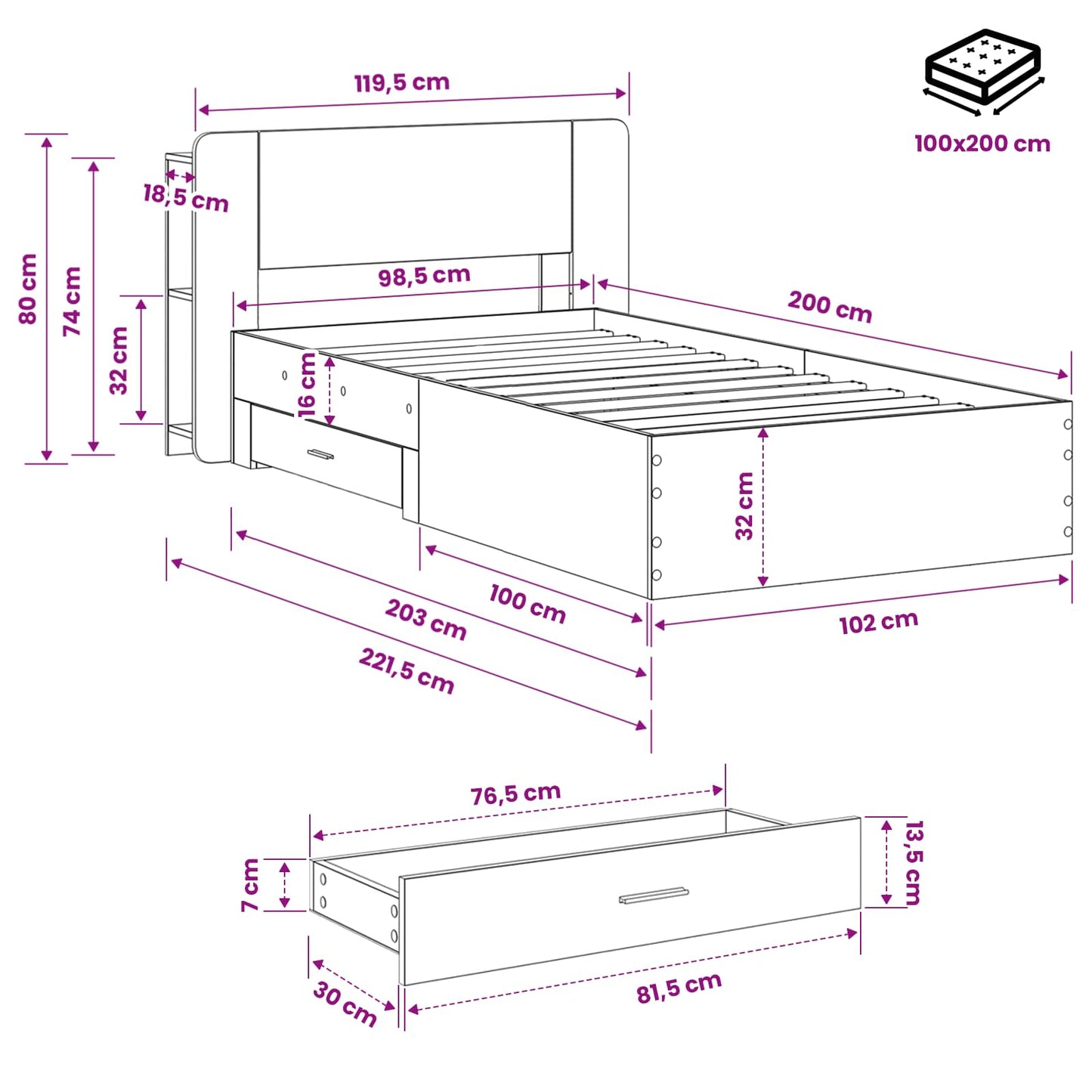 Sengestel med opbevaring Røget eg 100 x 200 cm Konstrueret træ