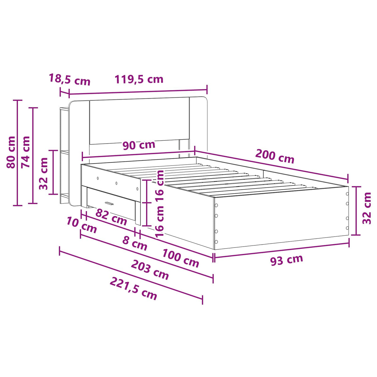 Sengestel med opbevaring Grå Sonoma 90 x 200 cm Konstrueret træ