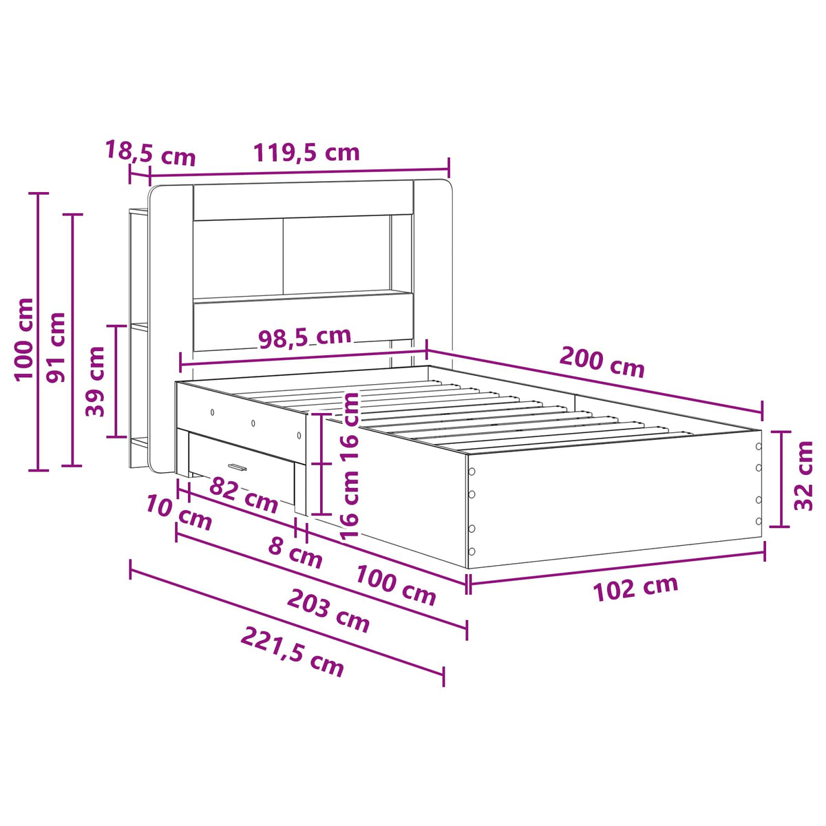 Sengestel med opbevaring Gammelt træ 100 x 200 cm