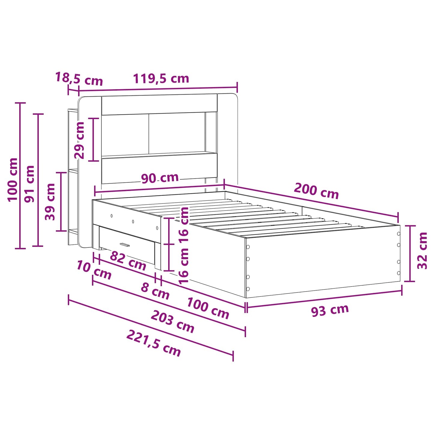 Sengestel med opbevaring Grå Sonoma 90 x 200 cm Konstrueret træ