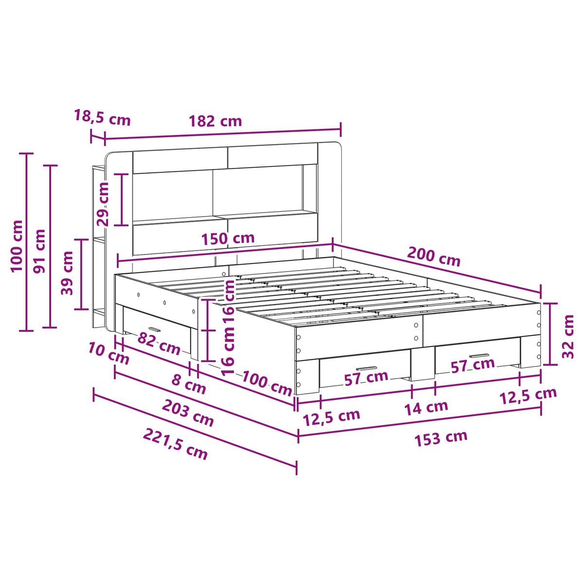Sengestel med opbevaring Betongrå 150 x 200 cm Konstrueret træ