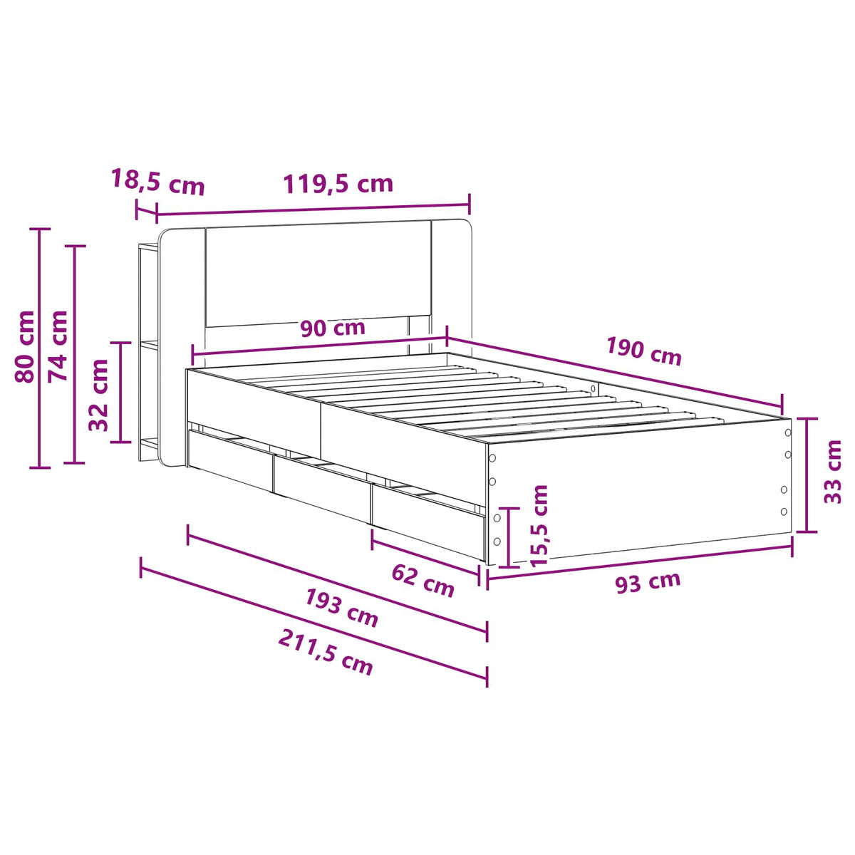 Sengestel med opbevaring og hovedgærde Betongrå 90 x 190 cm