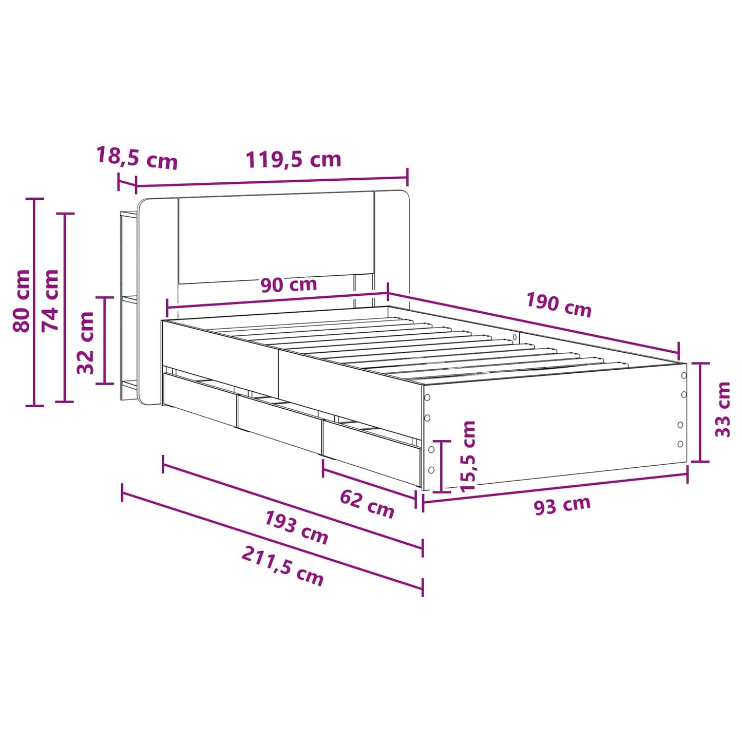 Sengestel med opbevaring og hovedgærde Røget eg 90 x 190 cm