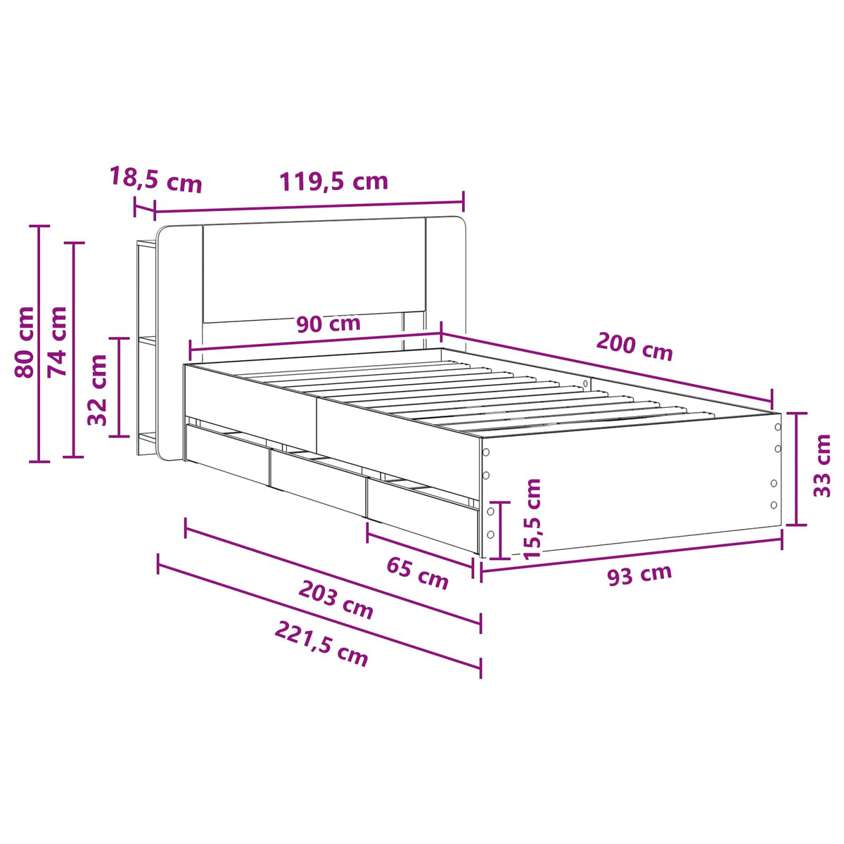 Sengestel med opbevaring og hovedgærde Grå Sonoma 90 x 200 cm
