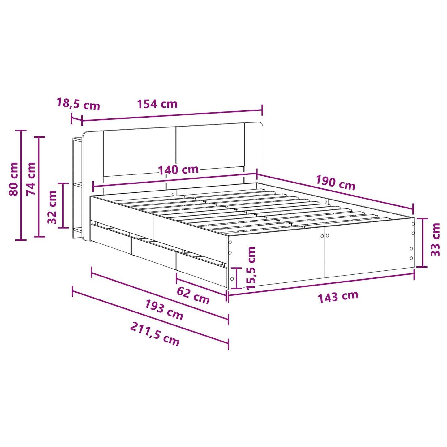 Sengestel med opbevaring og hovedgærde Røget eg 135 x 190 cm