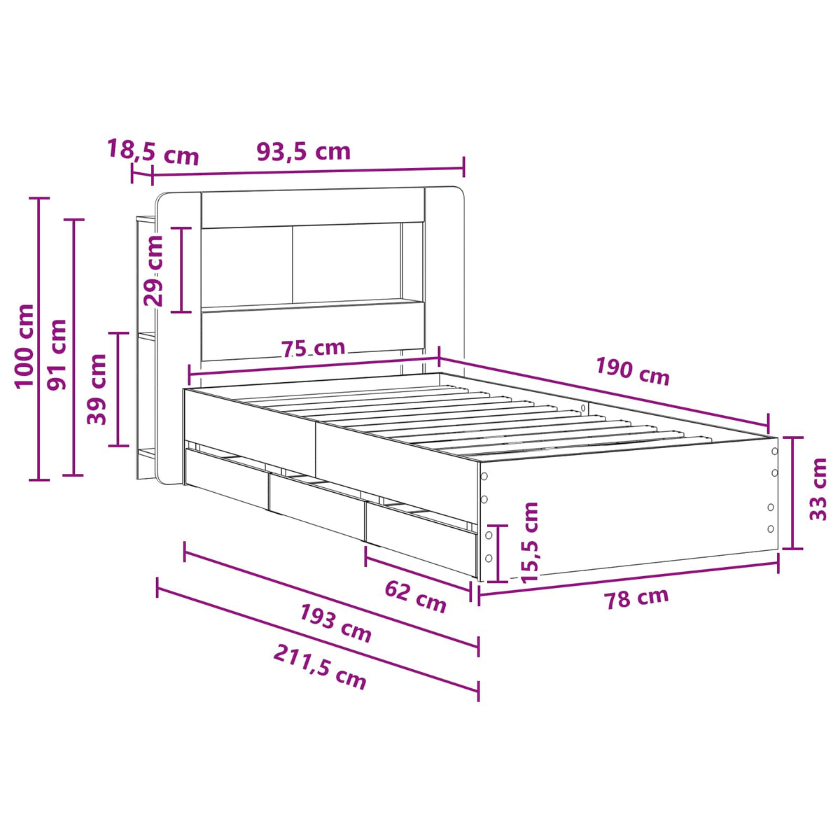 Sengestel med opbevaring og hovedgærde Betongrå 75 x 190 cm