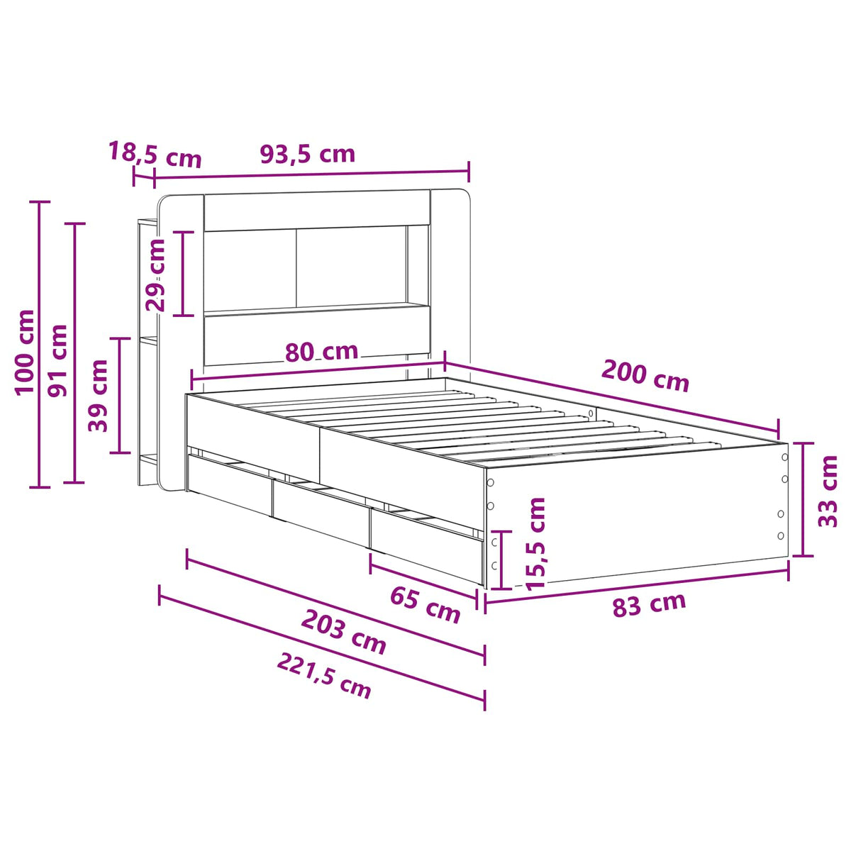 Sengestel med opbevaring og hovedgærde Betongrå 80 x 200 cm