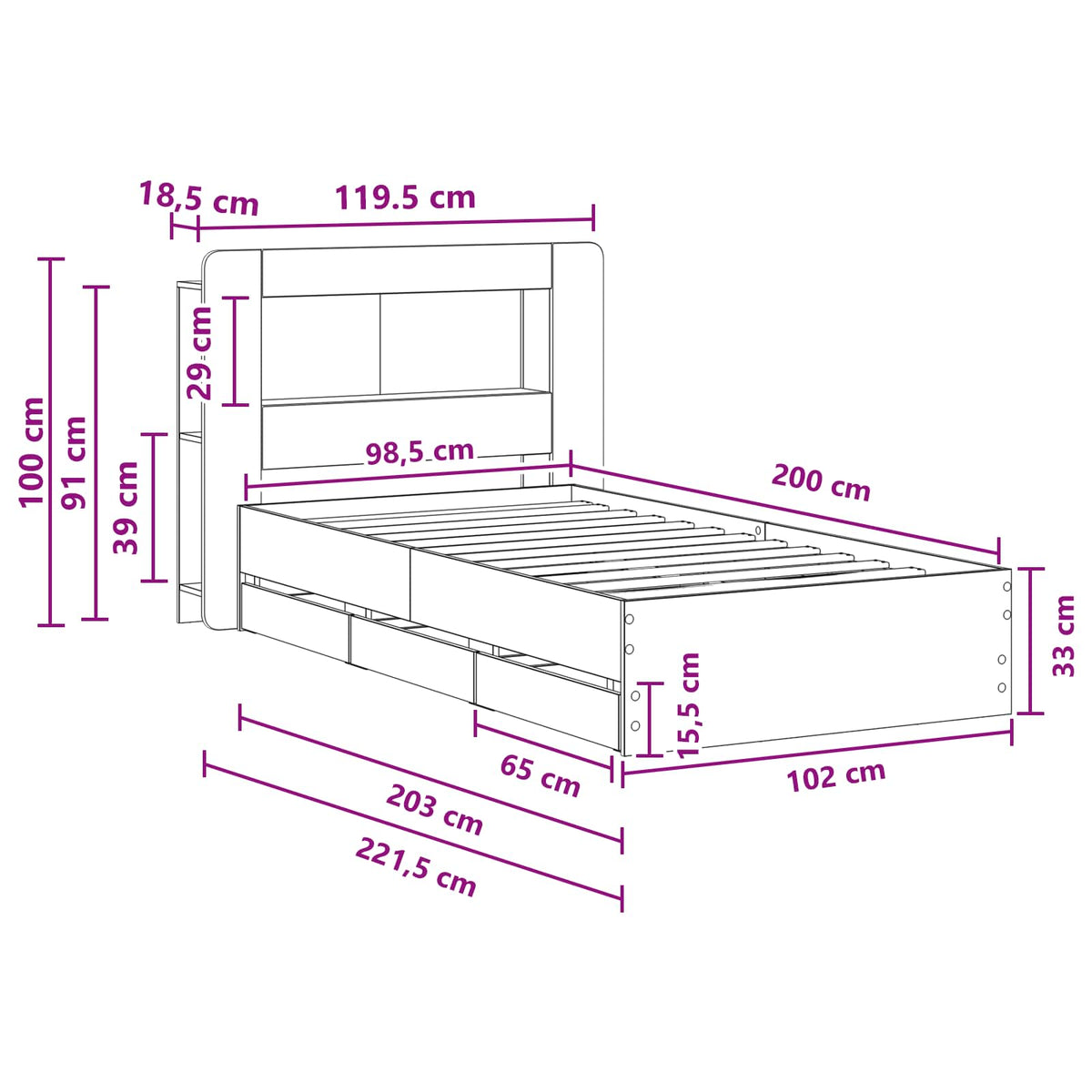 Sengestel med opbevaring og hovedgærde Røget eg 100 x 200 cm