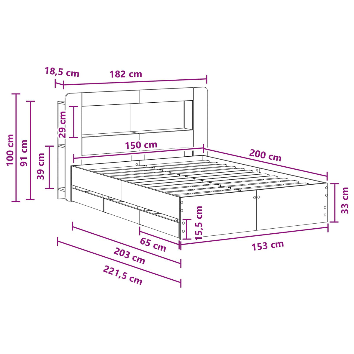 Sengestel med opbevaring og hovedgærde Betongrå 150 x 200 cm