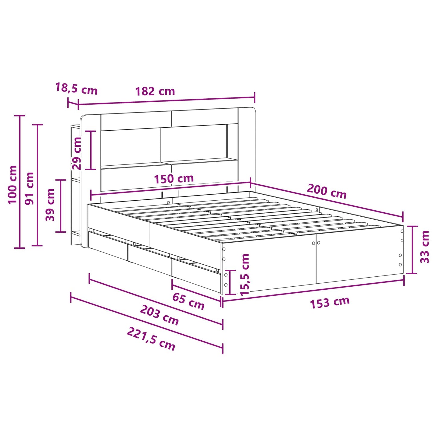 Sengestel med opbevaring og hovedgærde Hvid 150 x 200 cm