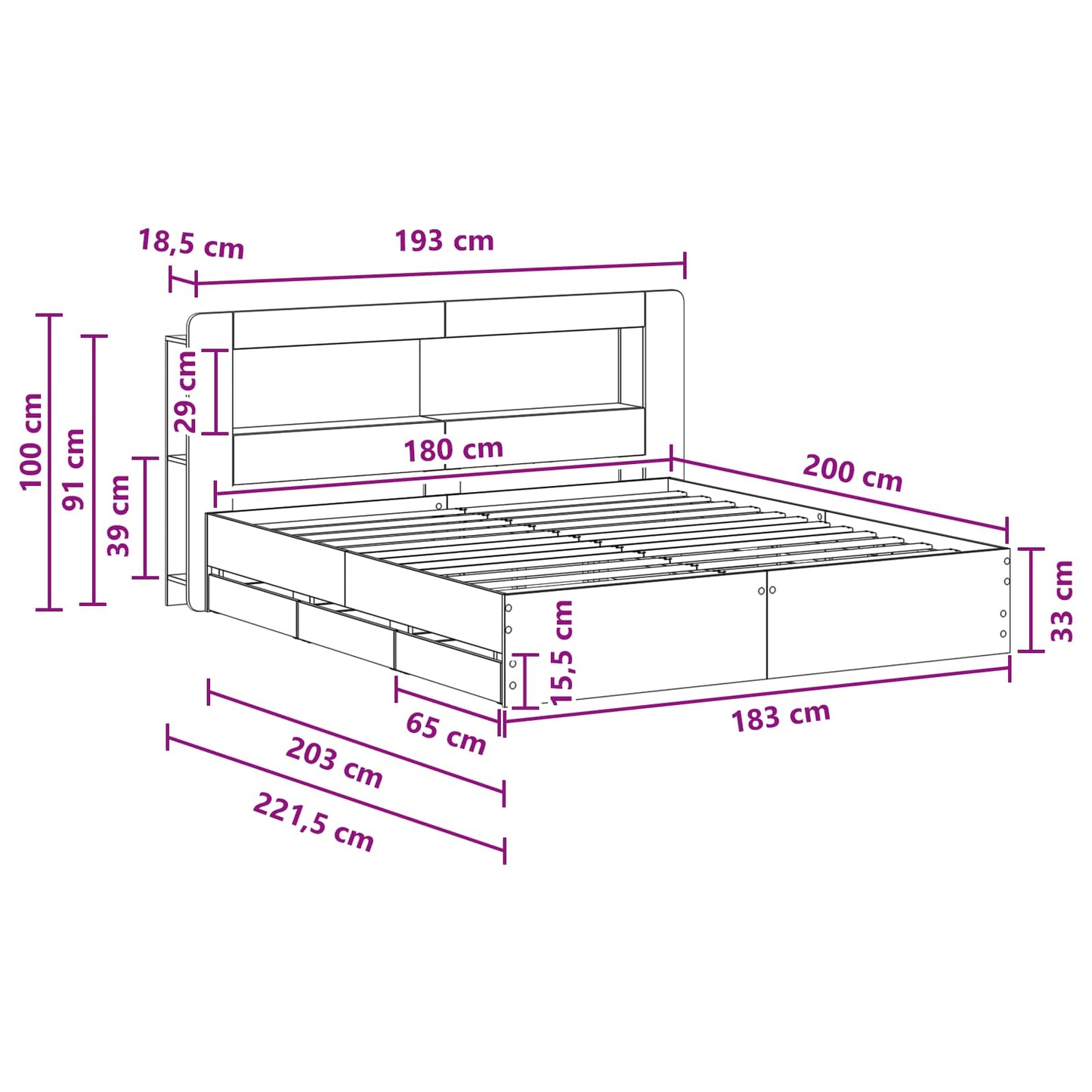 Sengestel med opbevaring og hovedgærde Sort 180 x 200 cm