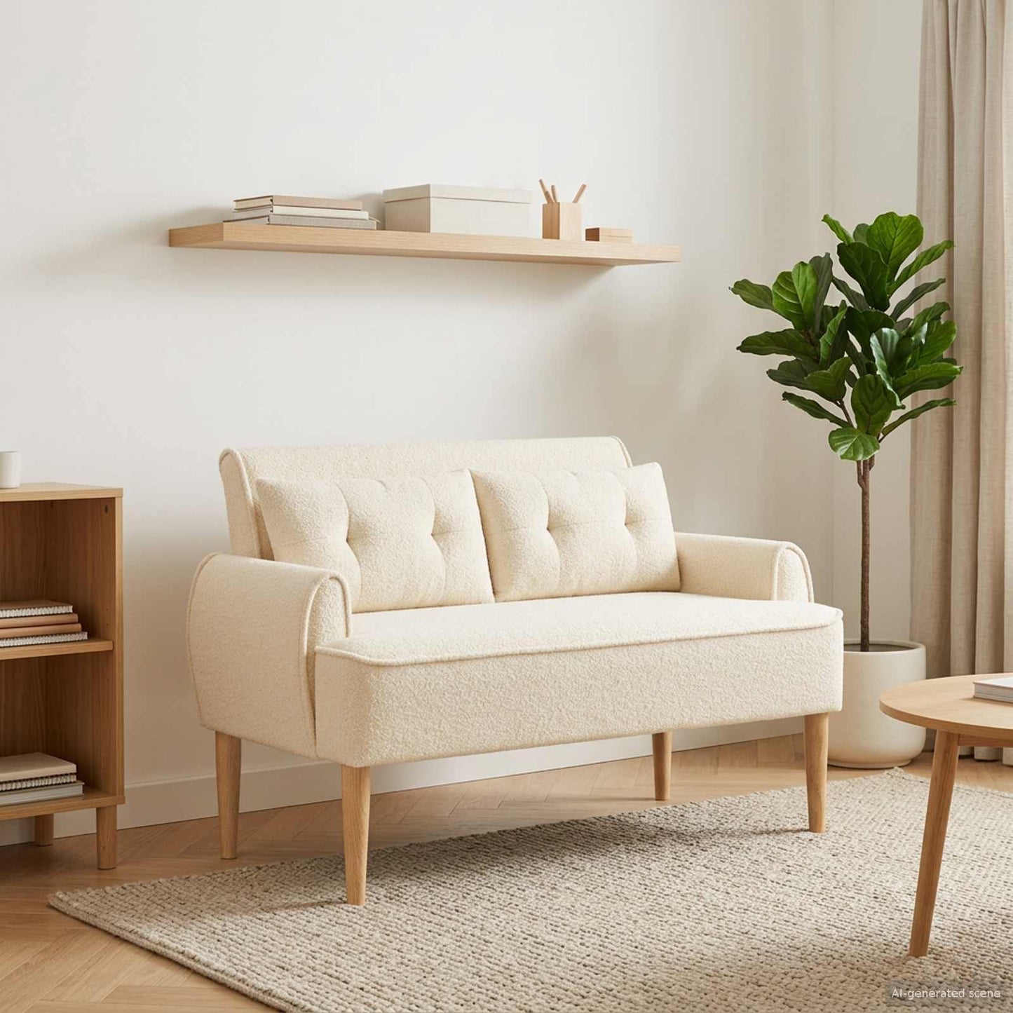Lænestol med knap tufting Cremefarvet 117 x 67 x 77 cm Bouclé
