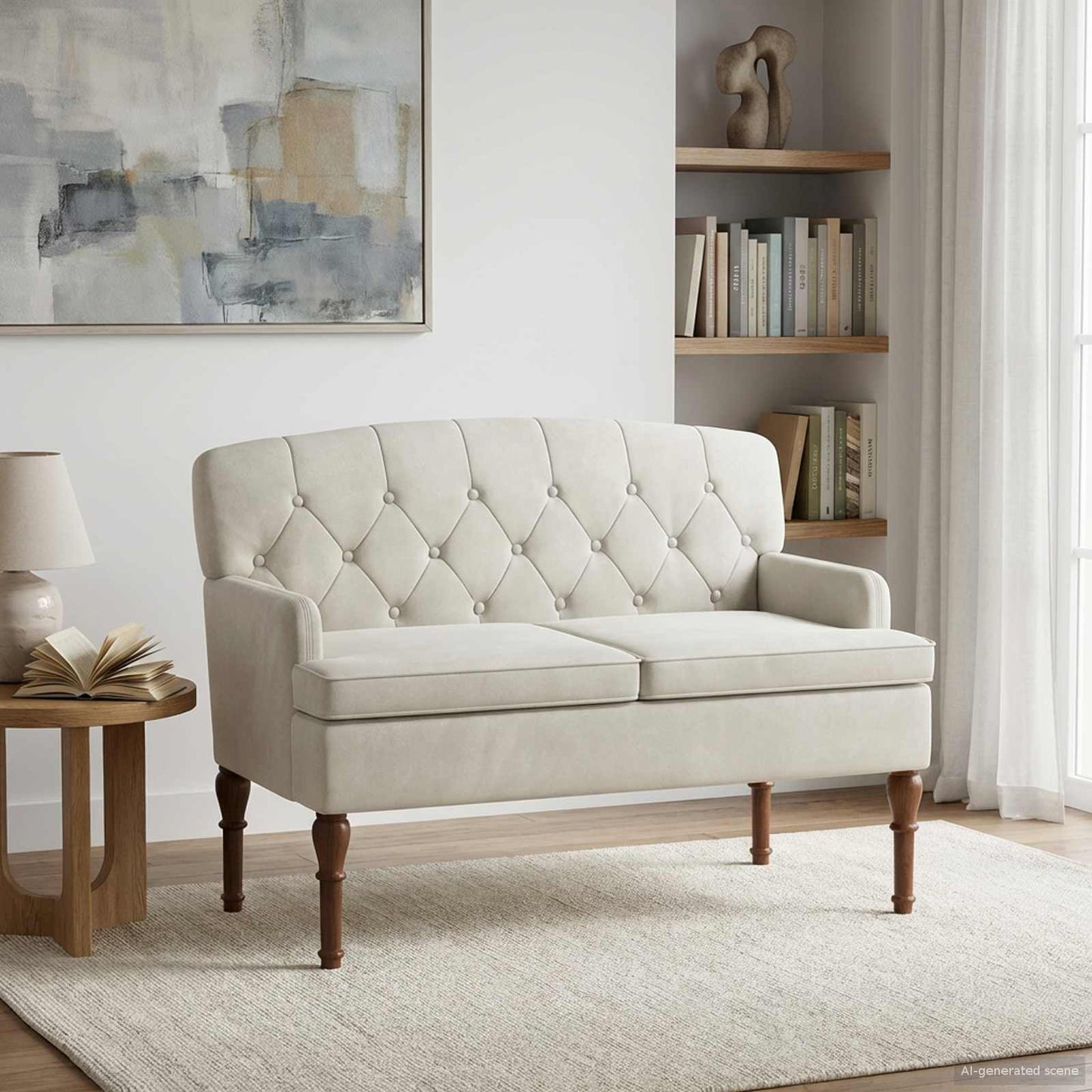 Lænestol med knap tufting Cremefarvet 111 x 65 x 79 cm Fløjl