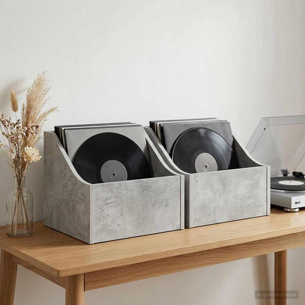 LP pladeæske 2 stk. Betongrå 37 x 33 x 32 cm Konstrueret træ