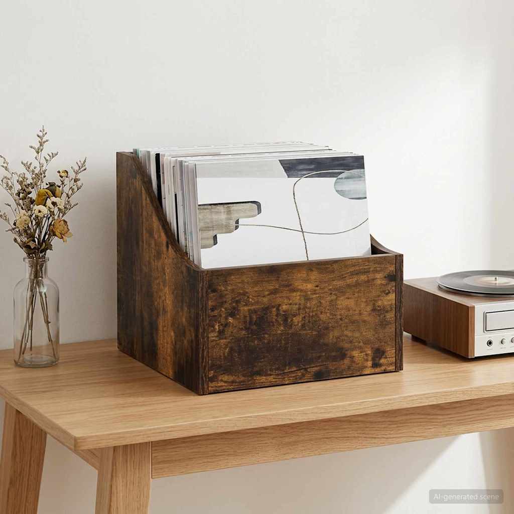 LP pladeæske Røget eg 37 x 33 x 32 cm Konstrueret træ