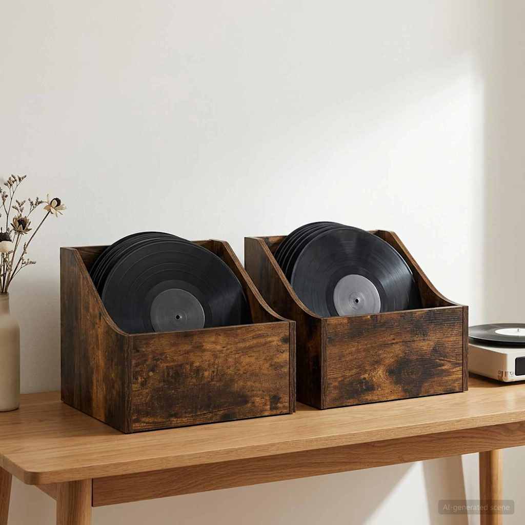 LP pladeæske 2 stk. Røget eg 37 x 33 x 32 cm Konstrueret træ