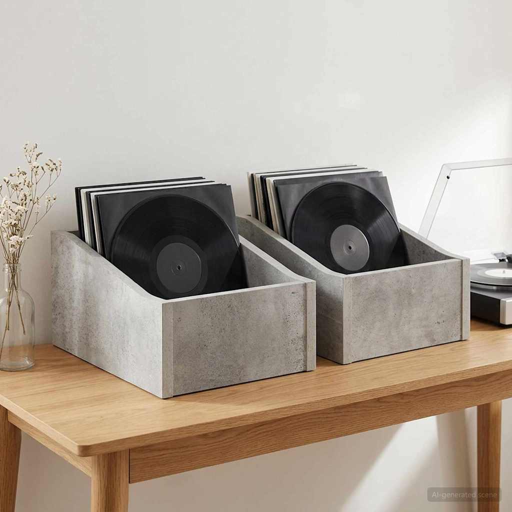 LP pladeæske 2 stk. Betongrå 23 x 33 x 16 cm Konstrueret træ