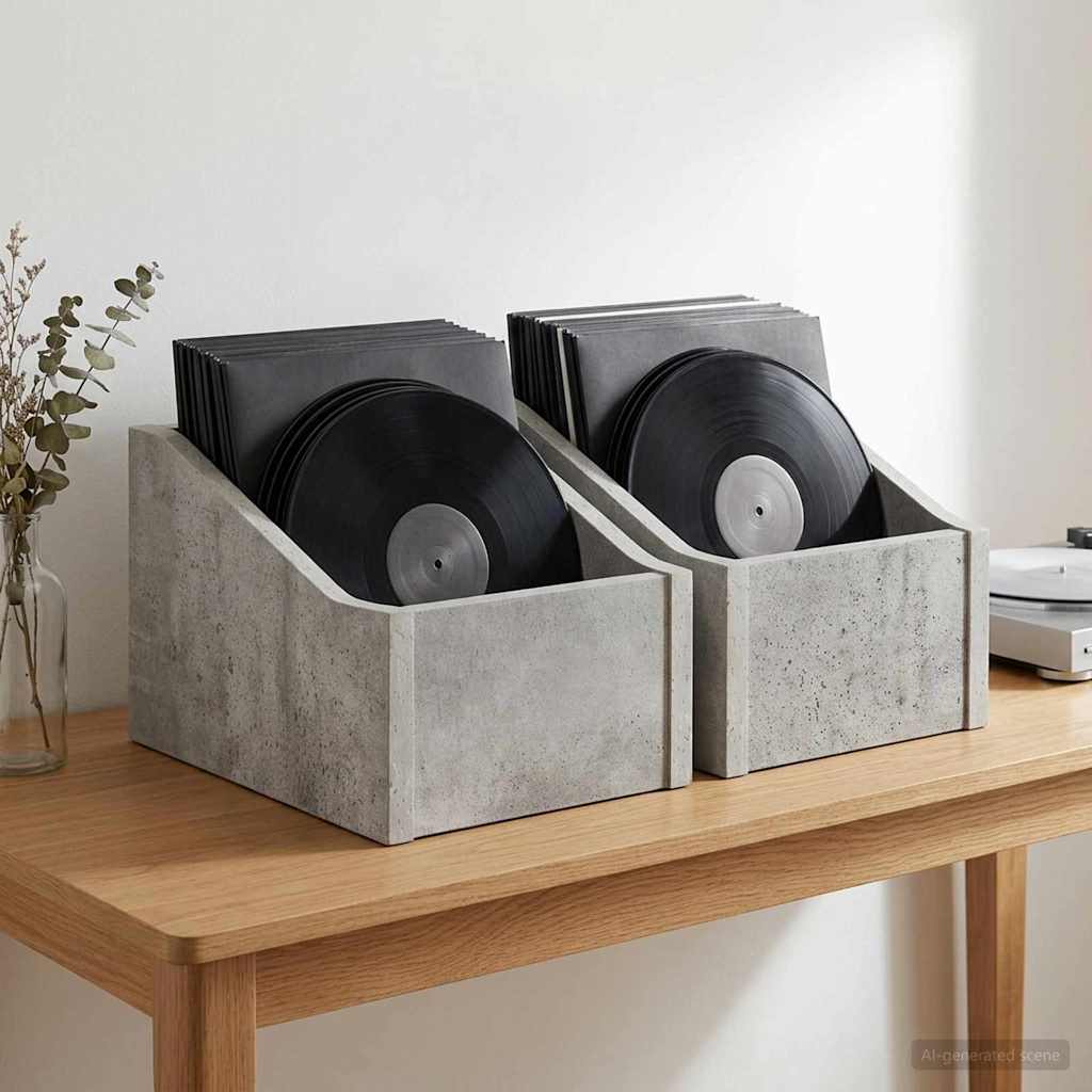 LP pladeæske 2 stk. Betongrå 18 x 32 x 18 cm Konstrueret træ