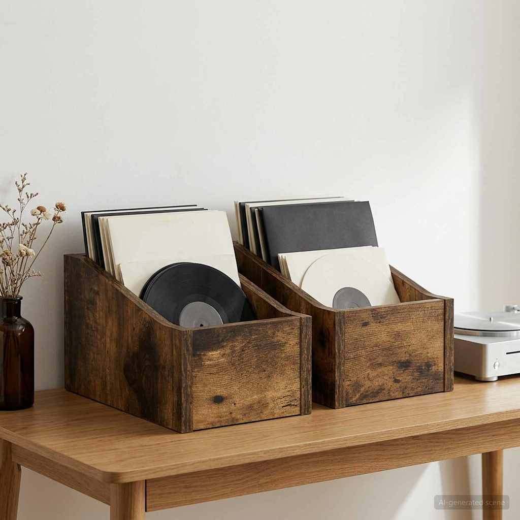 LP pladeæske 2 stk. Røget eg 18 x 32 x 18 cm Konstrueret træ