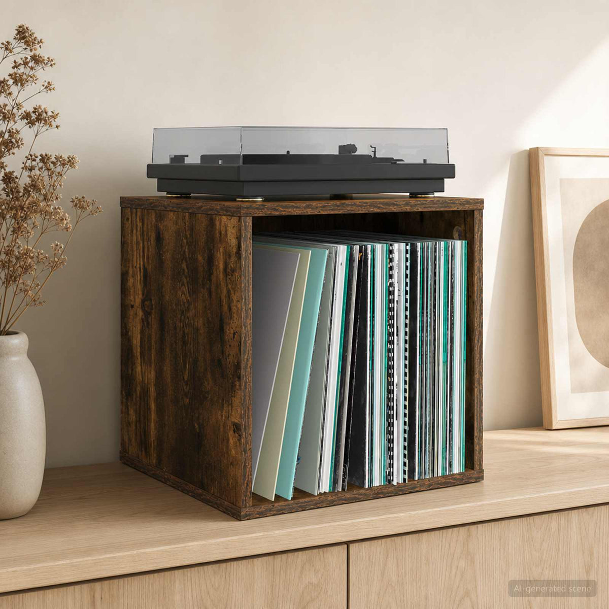 Vinylalbum kasse Røget eg 37 x 36,5 x 38 cm Konstrueret træ