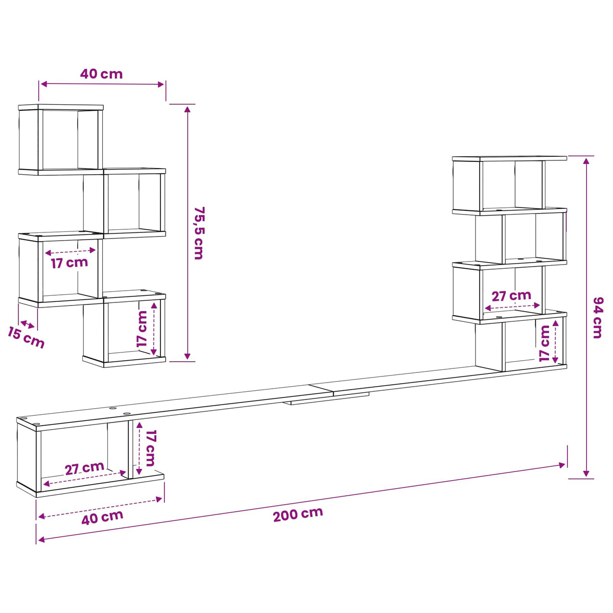 Væghængt TV-hylde Sort eg 200 x 15 x 94 cm Konstrueret træ