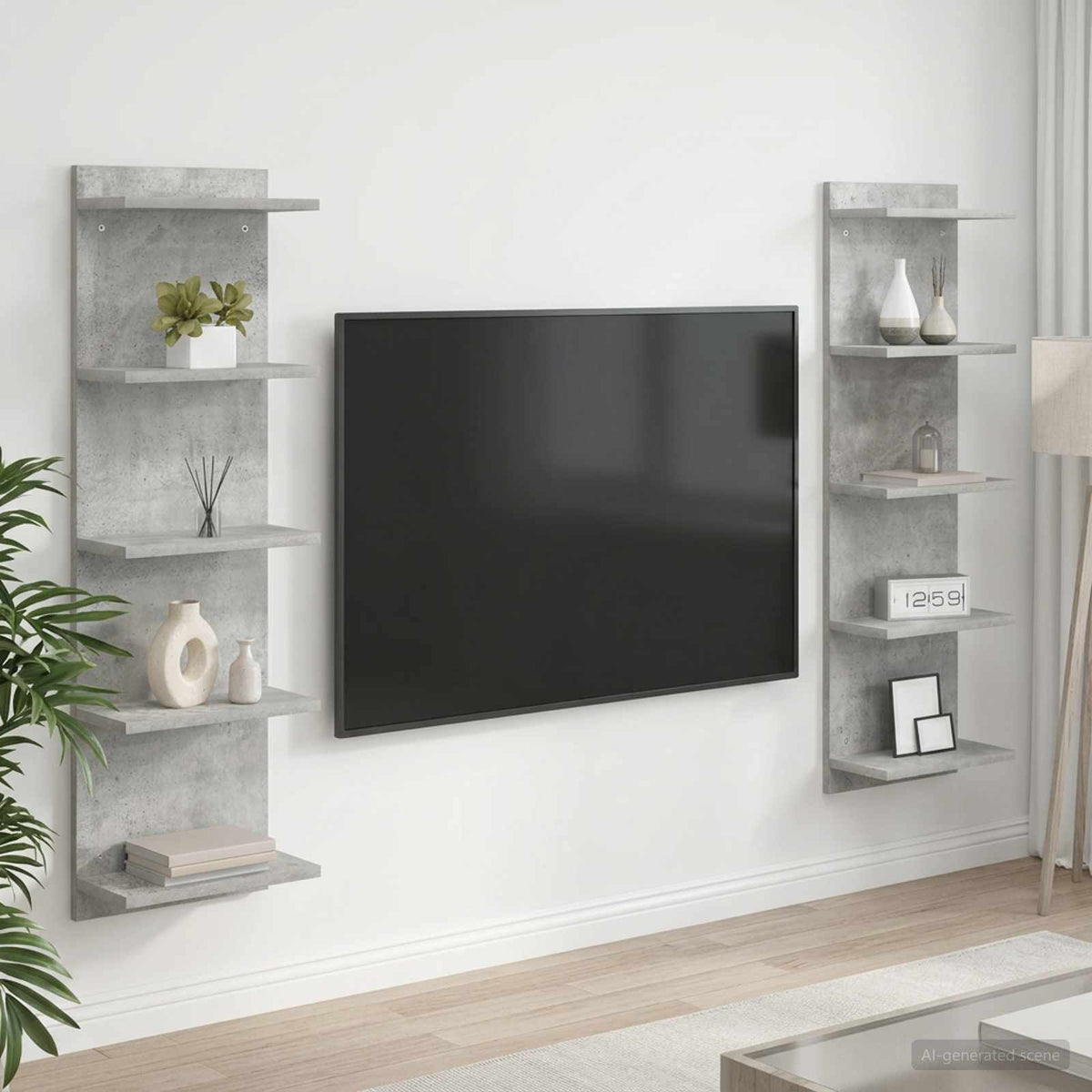 Væghylde 2 stk. Betongrå 30 x 15 x 100 cm Konstrueret træ