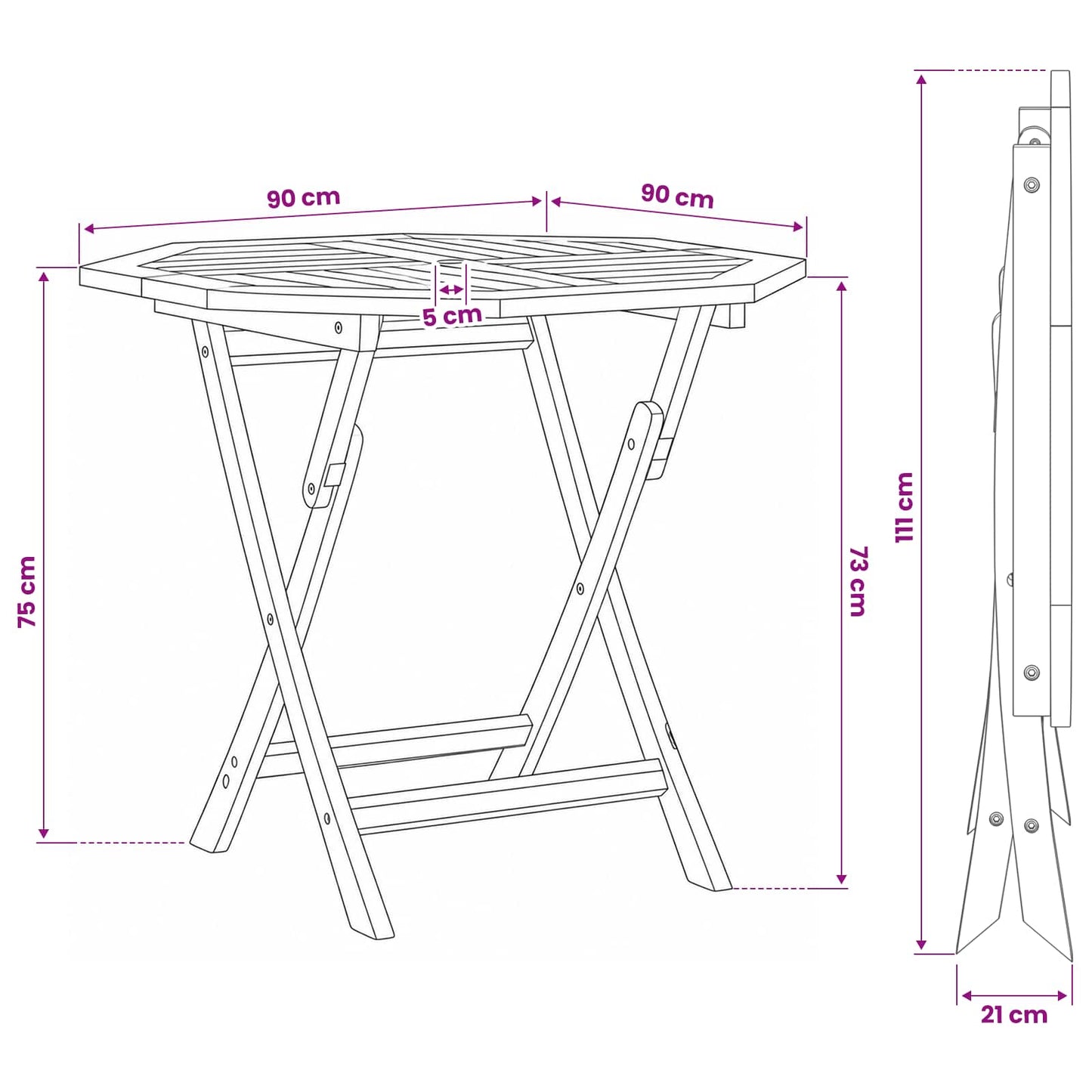 Sammenklappeligt havebord Naturfarvet 90 x 90 x 75 cm
