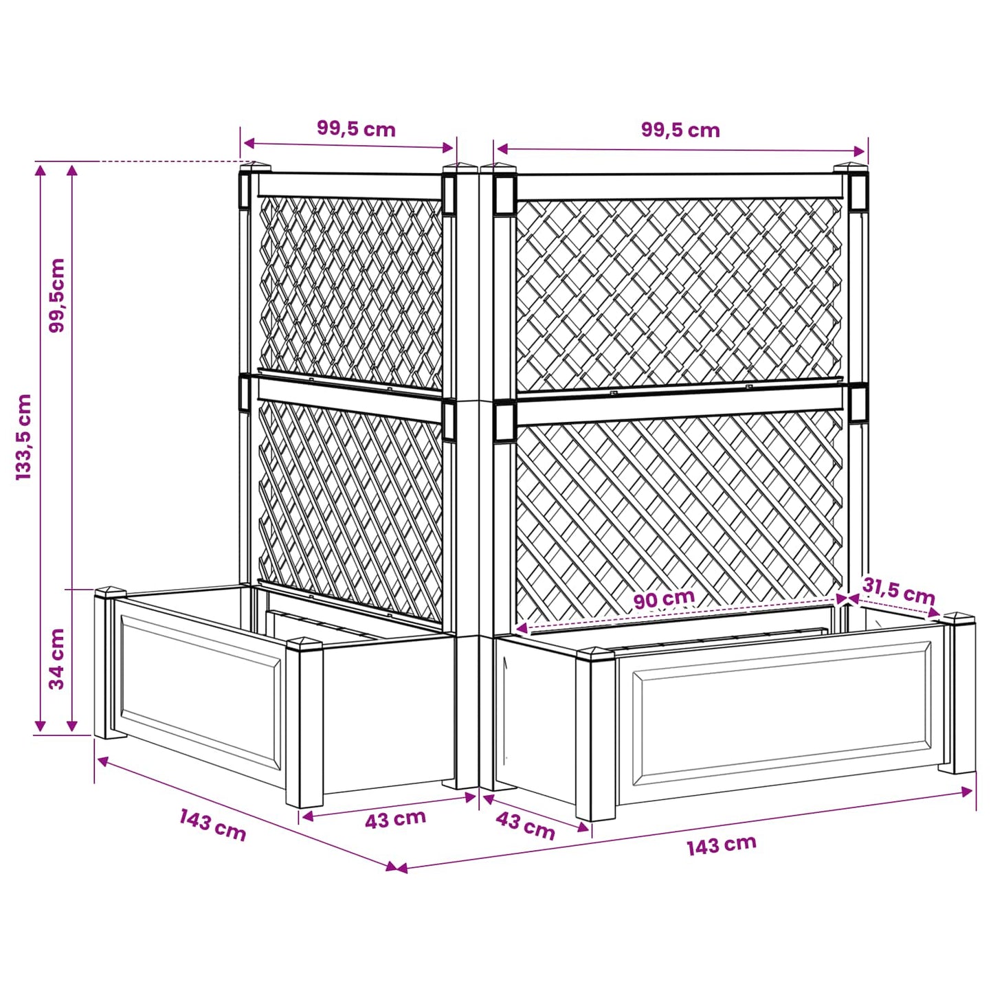 Stor blomsterkasse med espalier 2 stk. PP Hvid