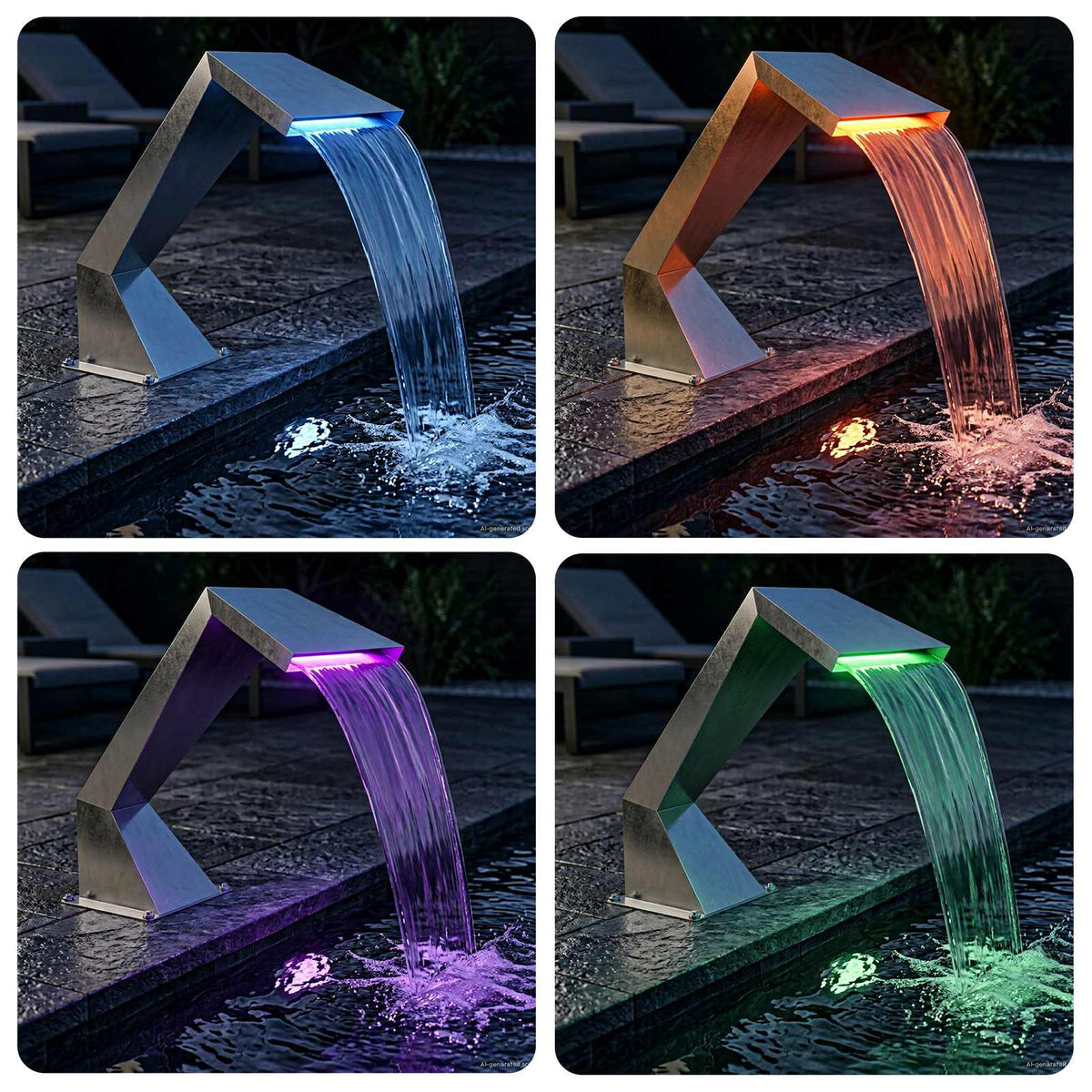 Swimmingpool vandfald med RGB LED'er Rustfrit stål Sølv