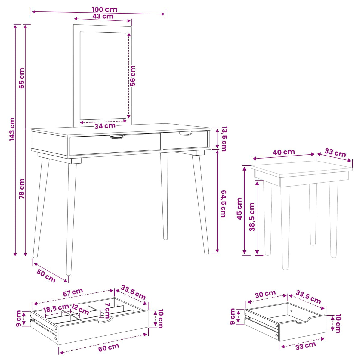 Makeupbord Sæt FAUSKE 3 stk. Hvid 100 x 50 x 143 cm