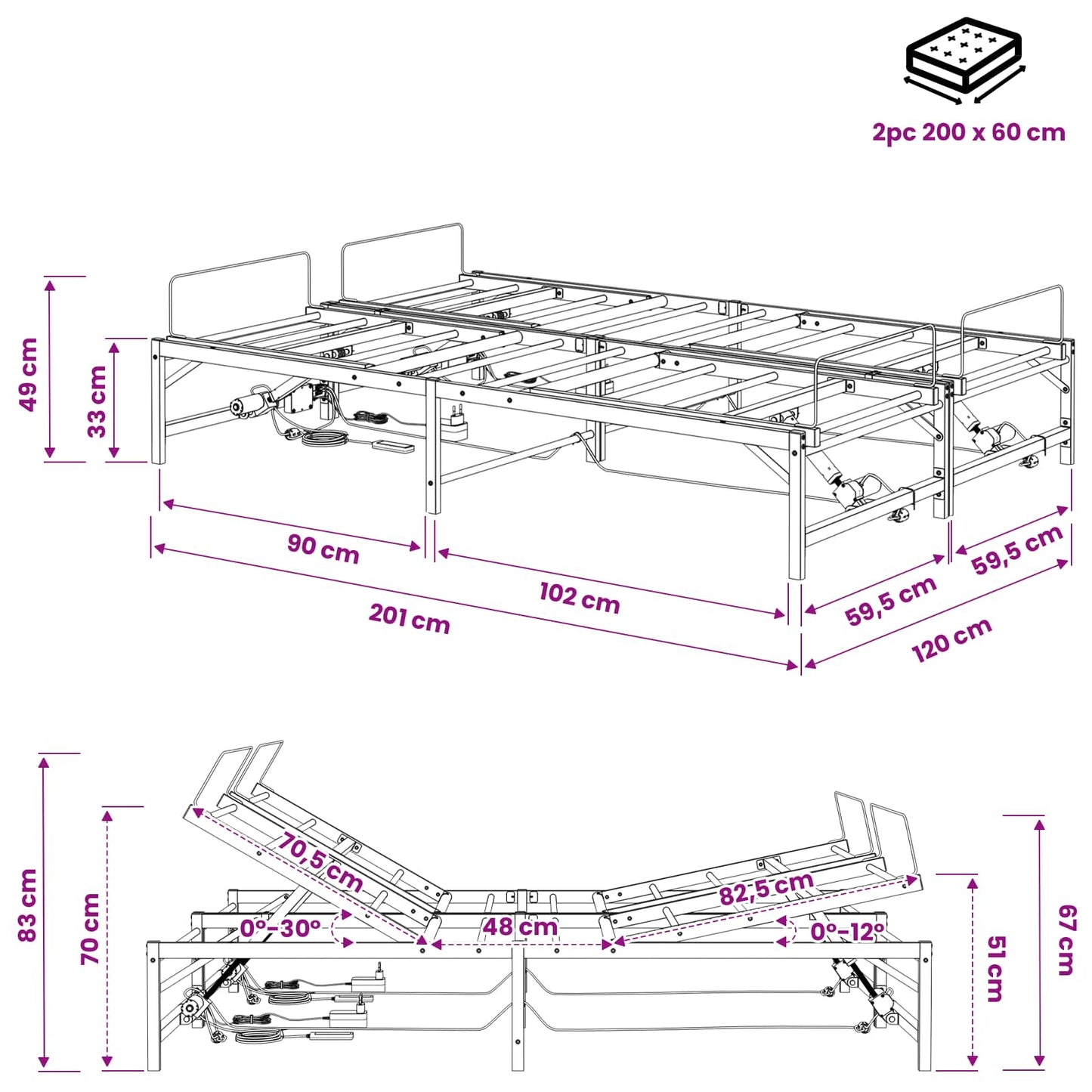 Elektrisk Justerbar Sengetramme Sort 120 x 200 cm Stål