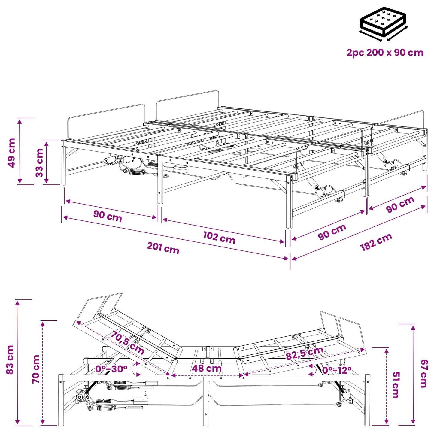 Elektrisk Justerbar Sengetramme Sort 180 x 200 cm Stål