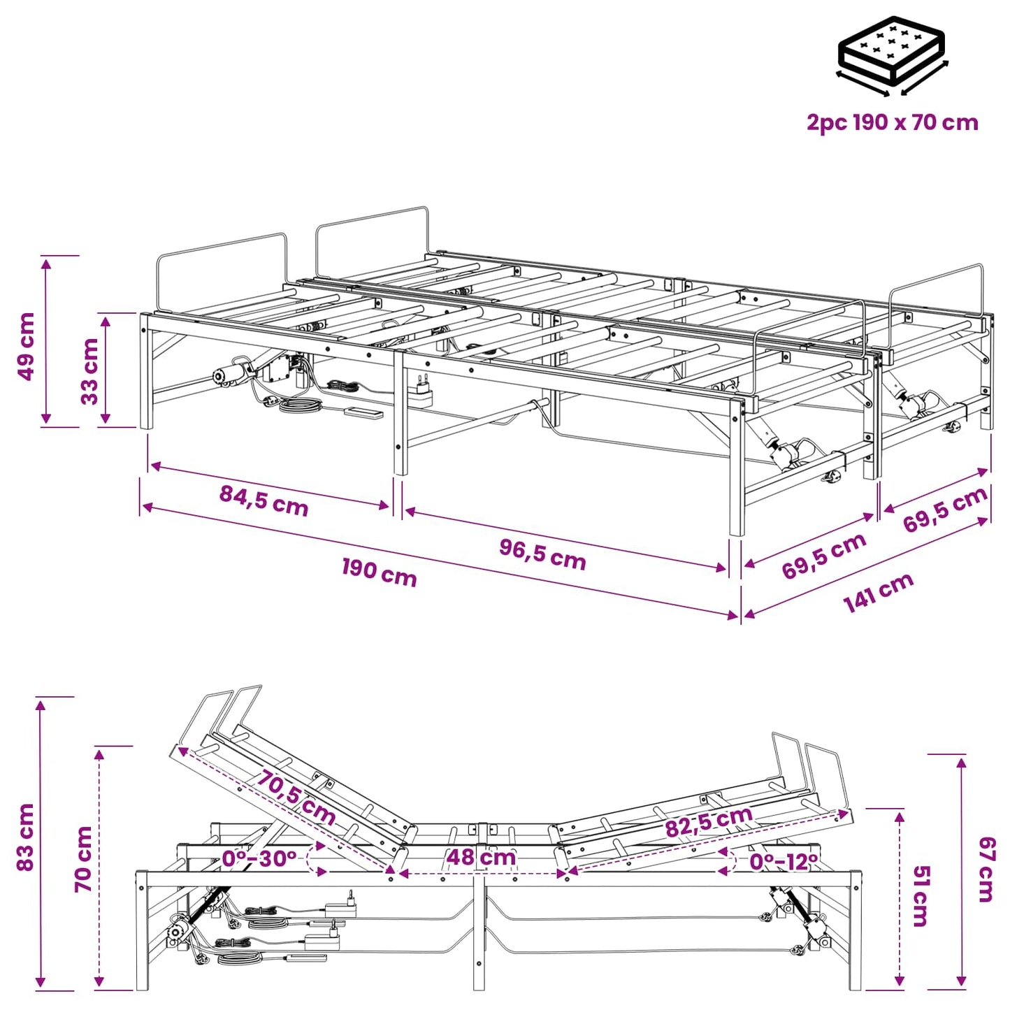 Elektrisk Justerbar Sengetramme Hvid 140 x 190 cm Stål