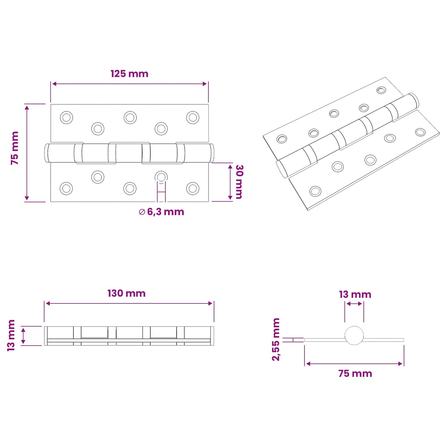 Hængsel 8 stk. 125 x 75 x 13 mm Sølv Stål